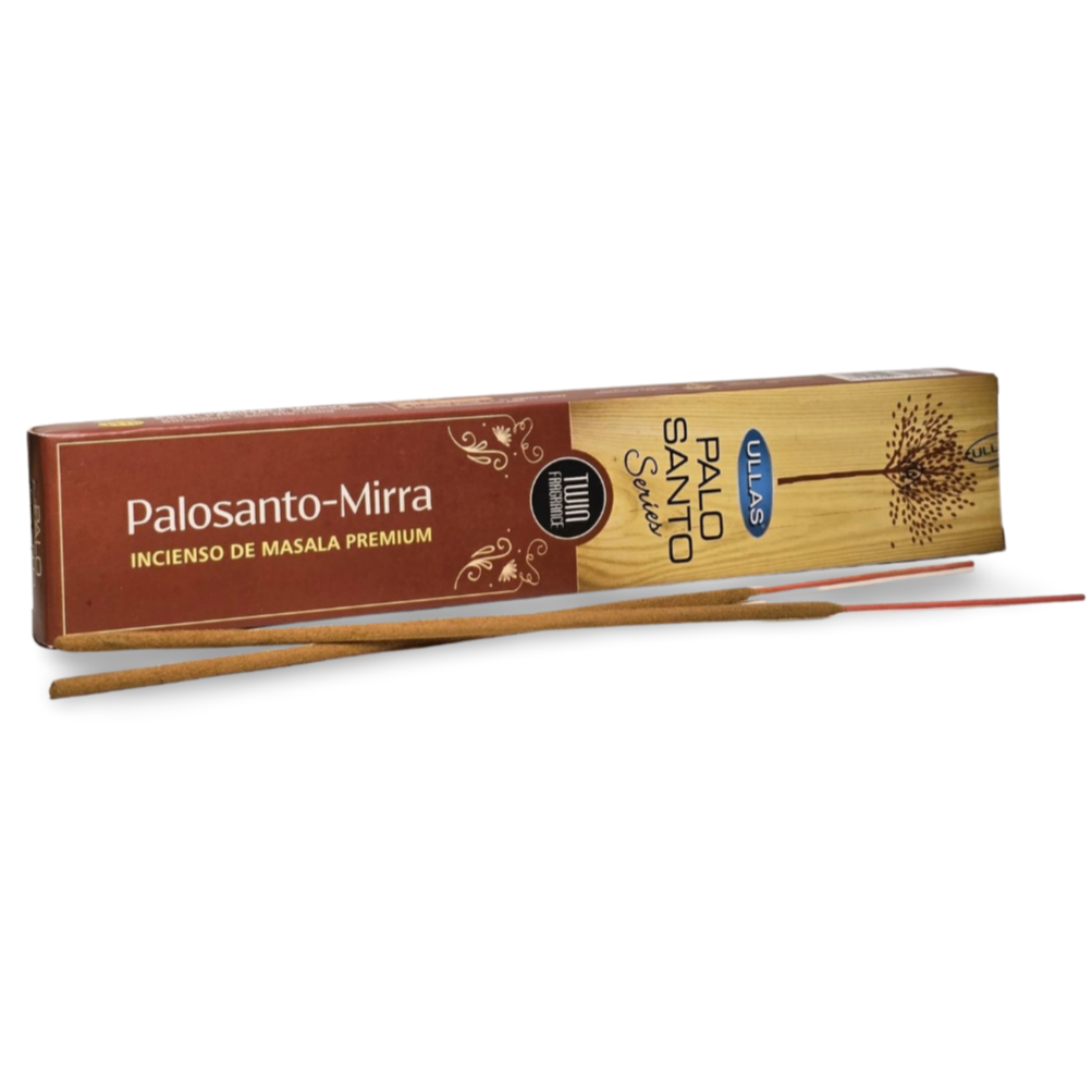 caja con varas de incienso natural de palosanto con mirra