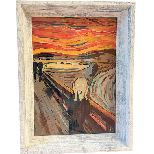 El grito de Edvuard Munch, pintado a mano sobre cristal en glass paintig. colores marron, naranja, gris, beige. un hombre desesperado grita en un puente mientras tras de él un cielo psicodélico y una playa se turban en colores anaranjados.