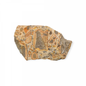 Piedra jaspe leopardita natural con manchas marrones y negras sobre fondo neutro