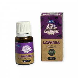 Botecito de aceite aromático de lavanda sobre fondo blanco, aroma floral relajante